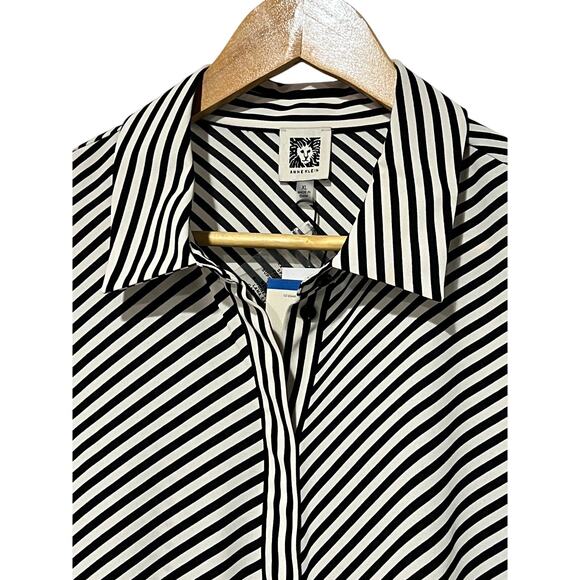 ANNE KLEIN TOP WOMENS XLARGE PRINTED SLIT-CUFF BUTTON-UP BLOUSE BLACK WHITE NEW - Picture 10 of 14
